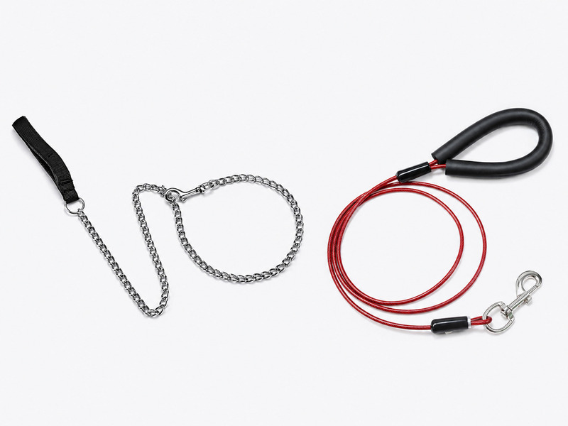 Metal chain dog leash and red coated steel cable leash with black handles and silver snap hooks