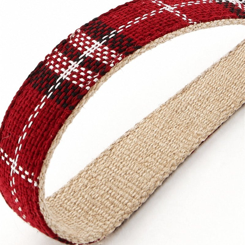 Red plaid webbing loop with a beige woven underside showing surface texture and edge thickness.