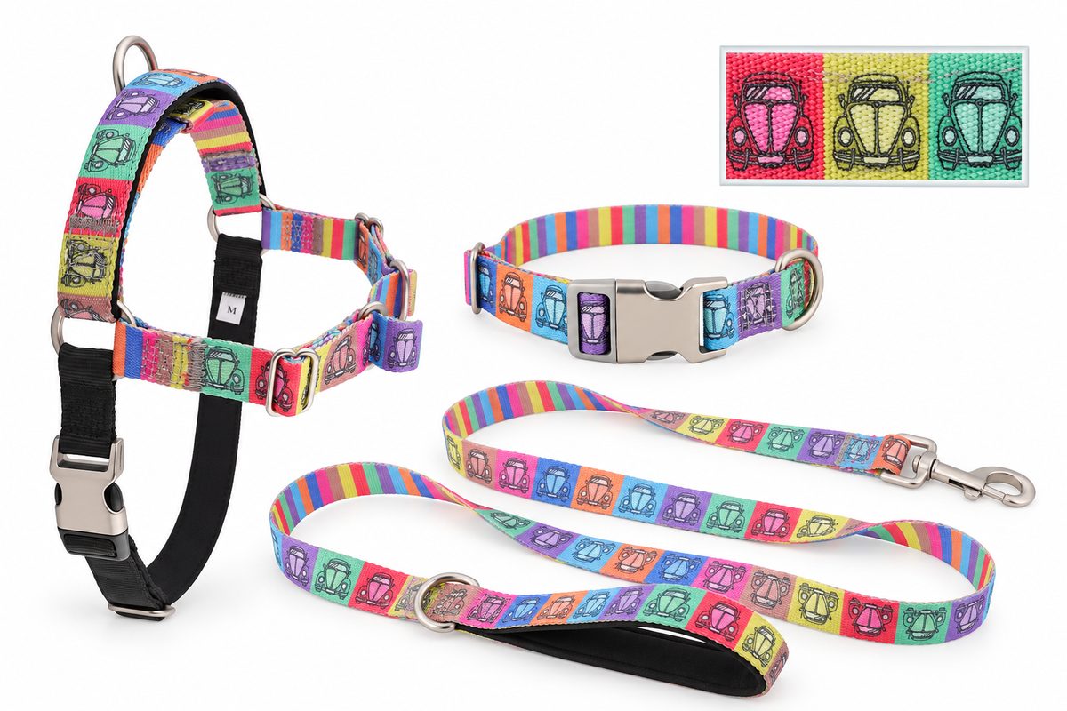 Matching dog harness, collar and leash with a multicolor car pattern and an inset showing the webbing print detail.