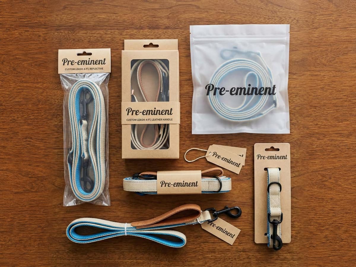 Dog leash packaging options including a clear bag with header card, window box, zipper pouch, paper sleeve, hangtag and backing card