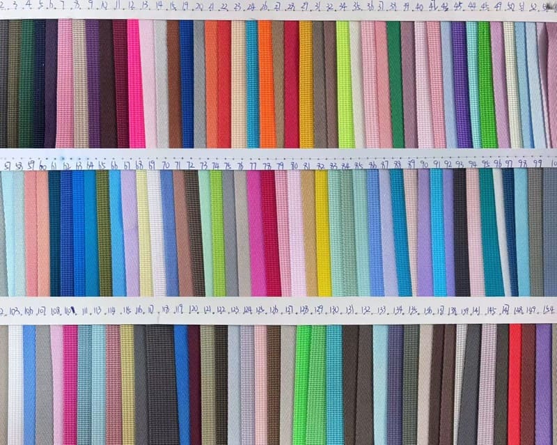 Webbing color chart with numbered swatches for custom dog leash color selection