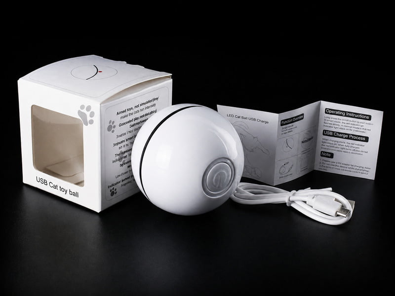 Automatic cat toy with retail packaging, instructions, and USB cable