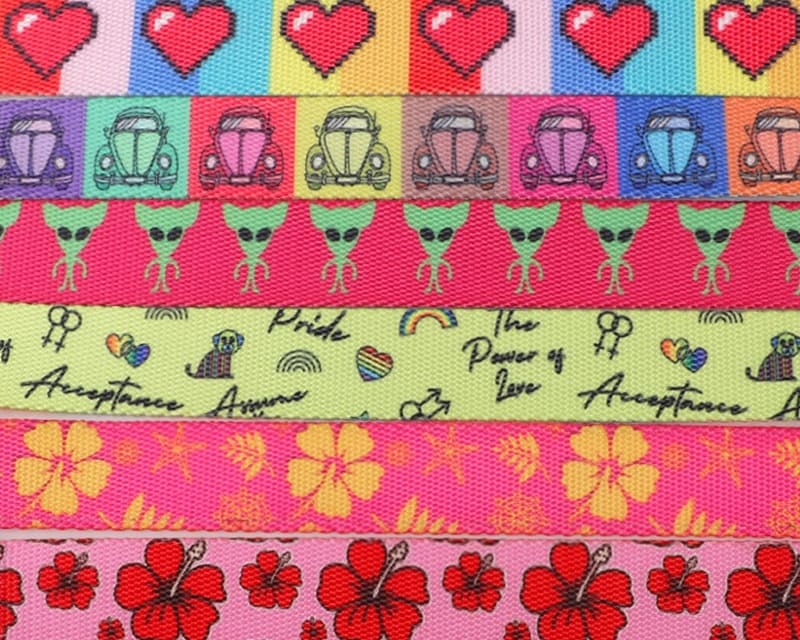 Dog leash webbing samples with colorful heart, car, character and floral prints