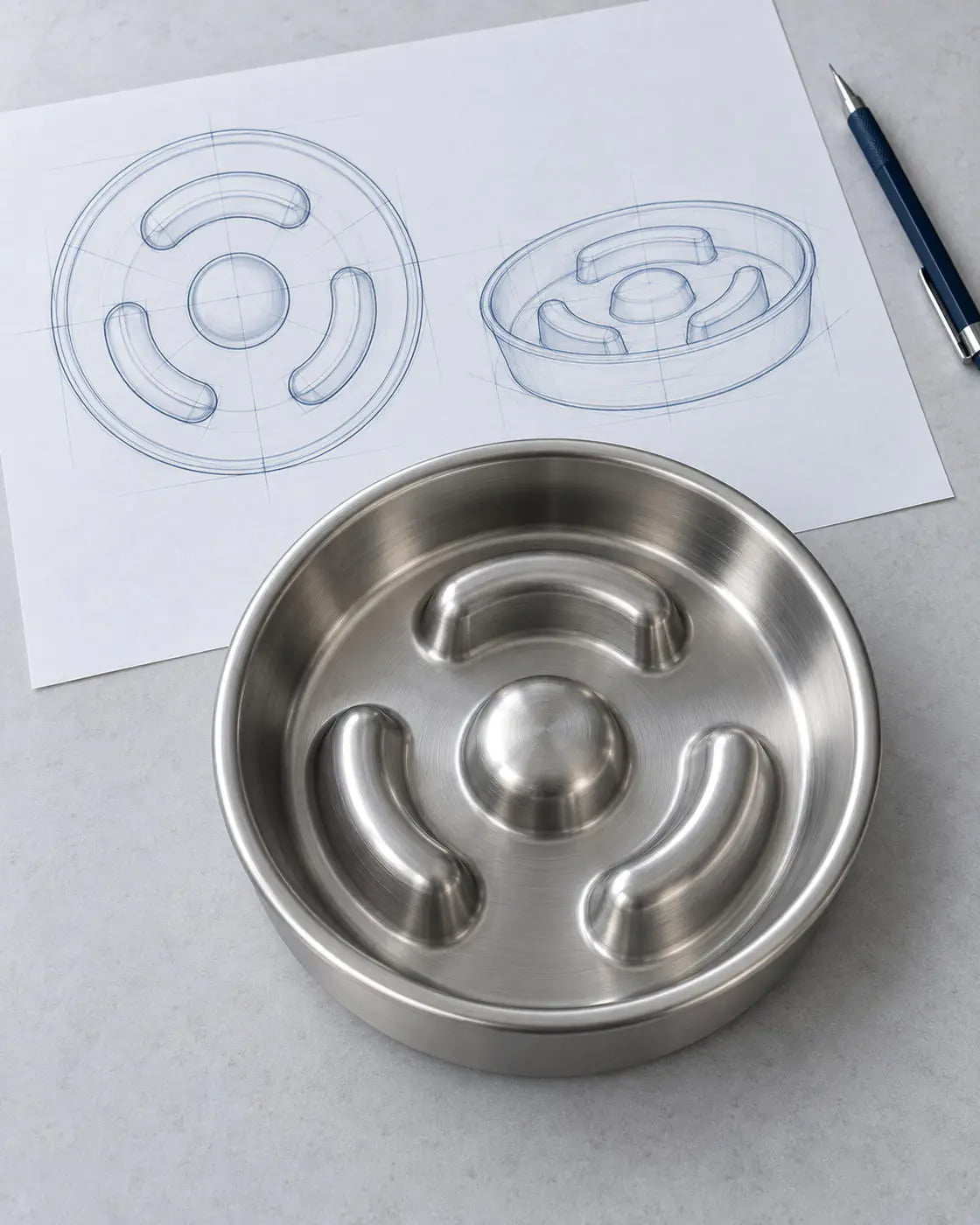 Stainless steel slow-feeder bowl with matching design sketches for custom bowl development