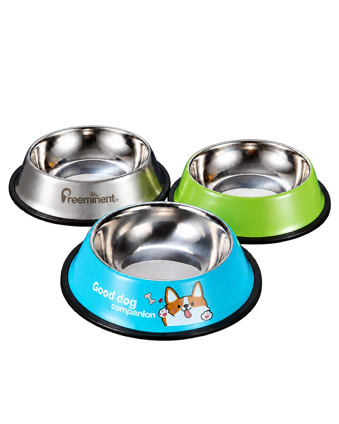 Stainless steel pet bowls showing a laser-marked Preeminent logo, green finish and printed dog design