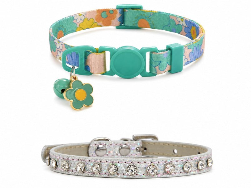Mint floral cat collar with a flower charm and bell alongside a silver-white rhinestone cat collar