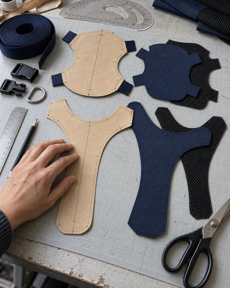 Dog harness development illustration showing paper patterns, navy fabric, mesh lining, webbing and hardware on a cutting table.