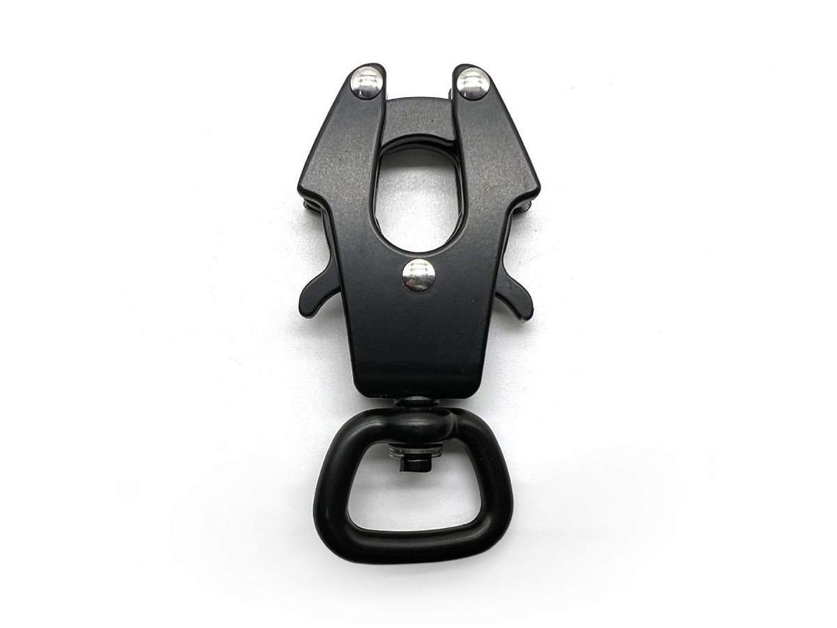 Black dog leash frog clip with side release tabs and a swivel base
