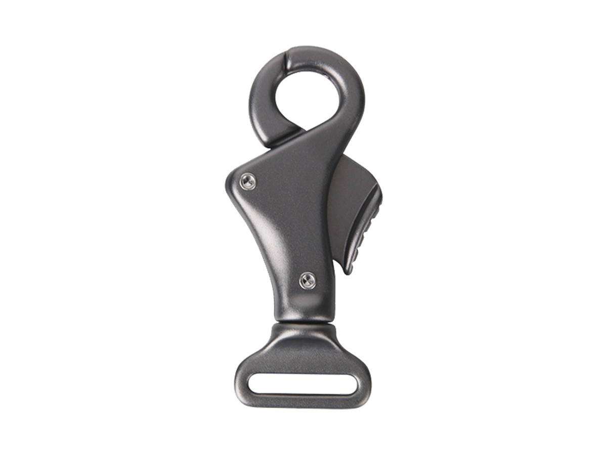 Dark gray dog leash lobster clip with a side lever and rectangular attachment loop
