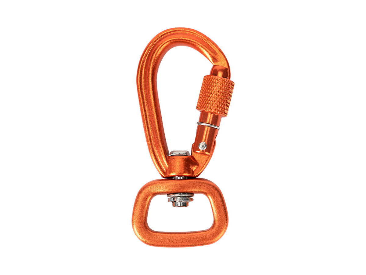 Orange dog leash clip with a screw-lock gate and swivel base