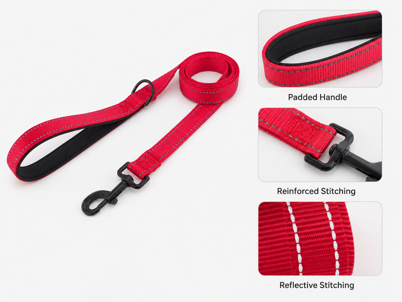 Red dog leash with close-up views of the padded handle, reinforced stitching and reflective details