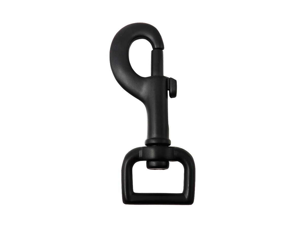Black dog leash snap hook with a rectangular swivel base