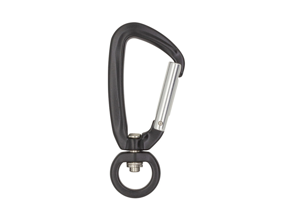 Black dog leash swivel clip with a silver gate and round attachment ring