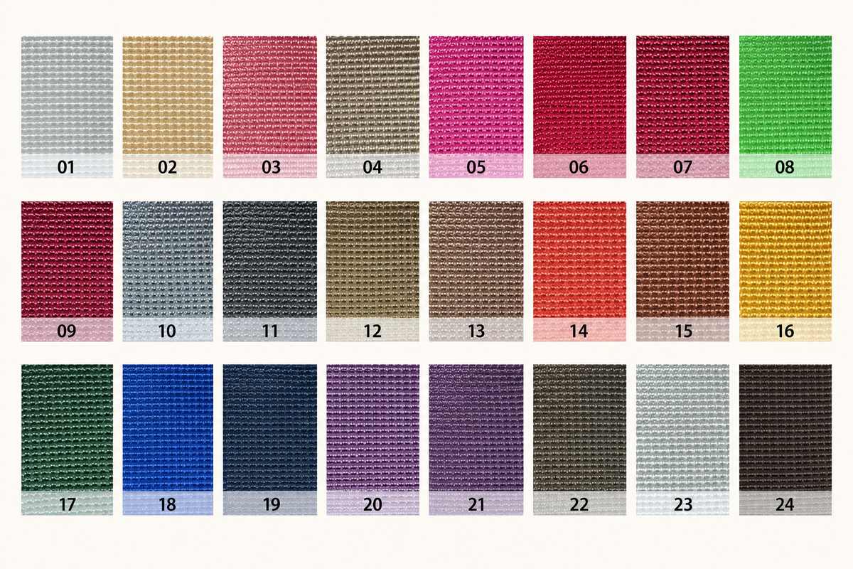Webbing color chart with 24 numbered fabric swatches arranged in three rows.