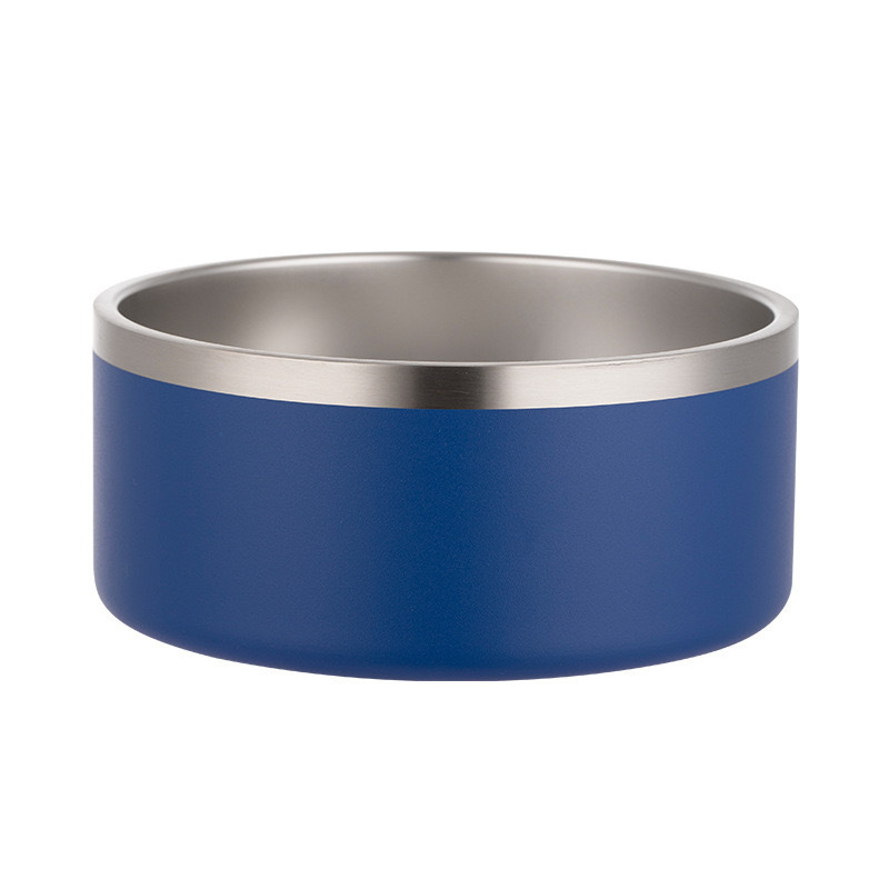 Blue double-wall stainless steel pet bowl with a stainless steel interior