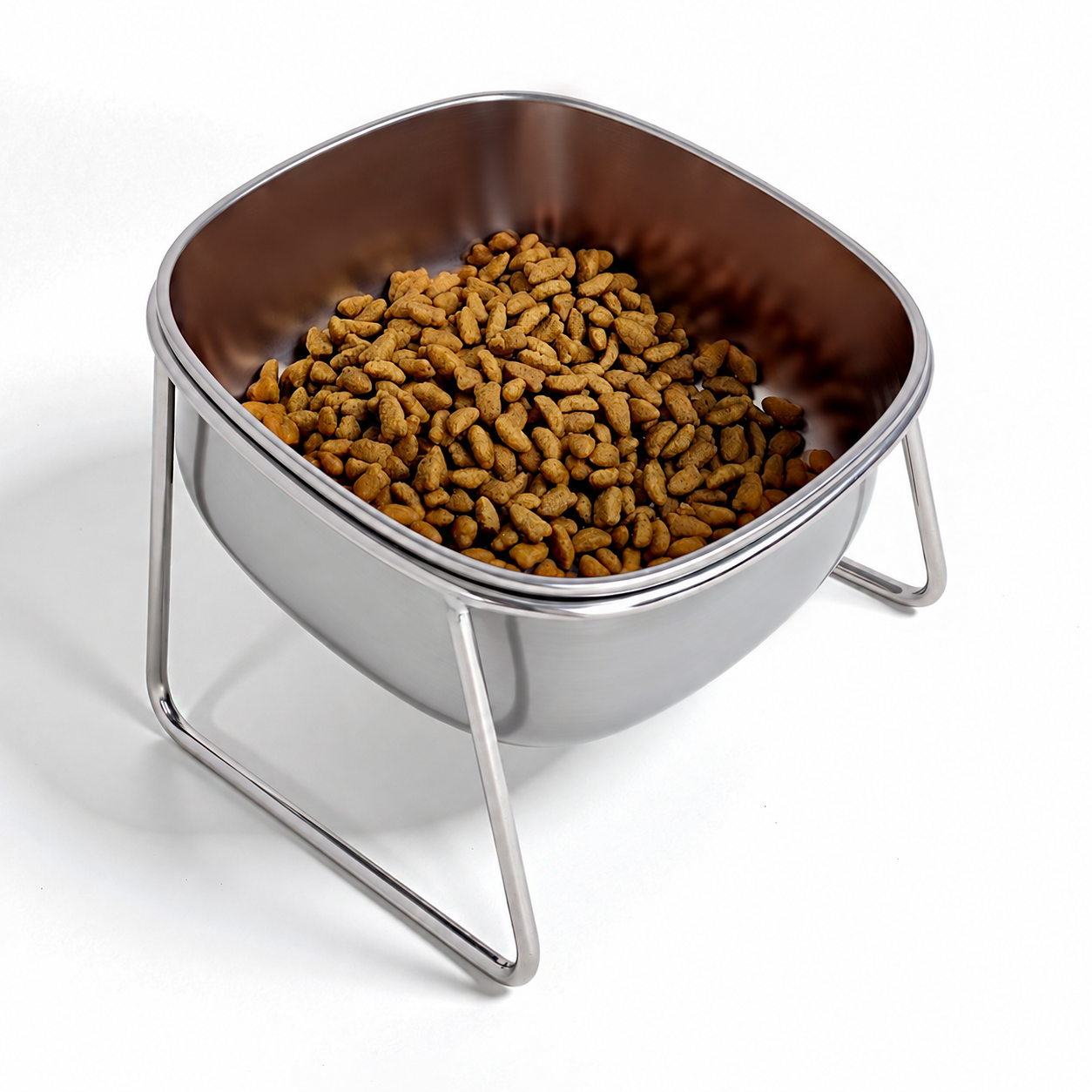 Elevated stainless steel pet bowl with a tilted opening and metal stand