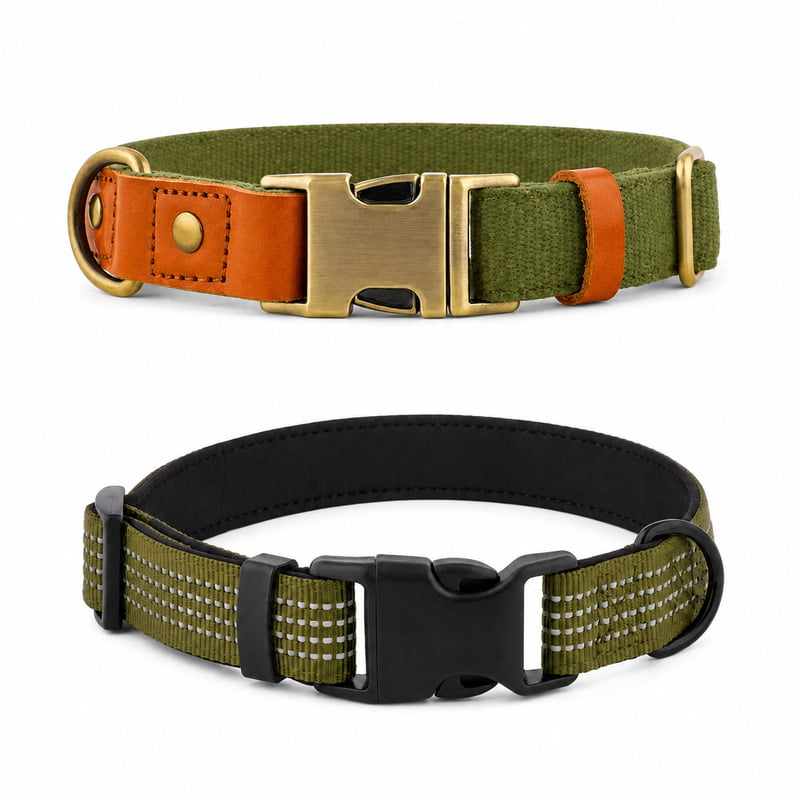 Wholesale pet collars featuring an olive flat collar with leather accents and a padded reflective dog collar