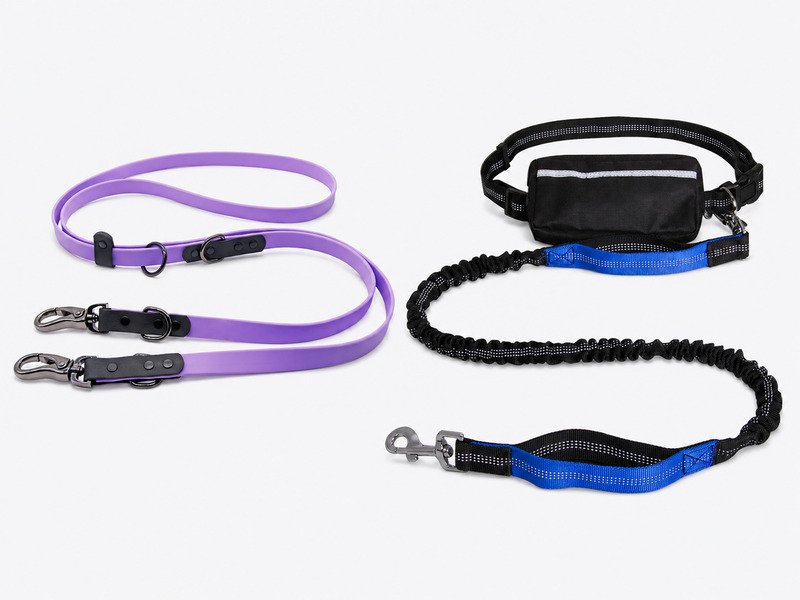 Purple adjustable hands-free dog leash and waist-belt running leash with a pouch and bungee section