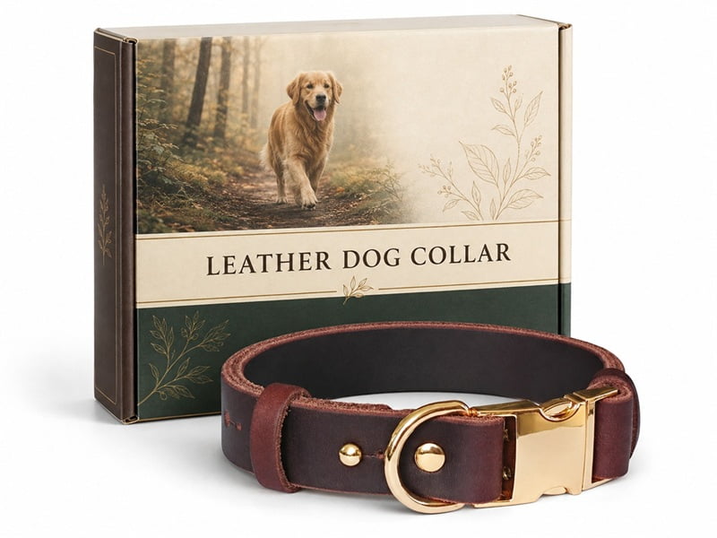 Brown leather dog collar with gold hardware beside a printed mailer box