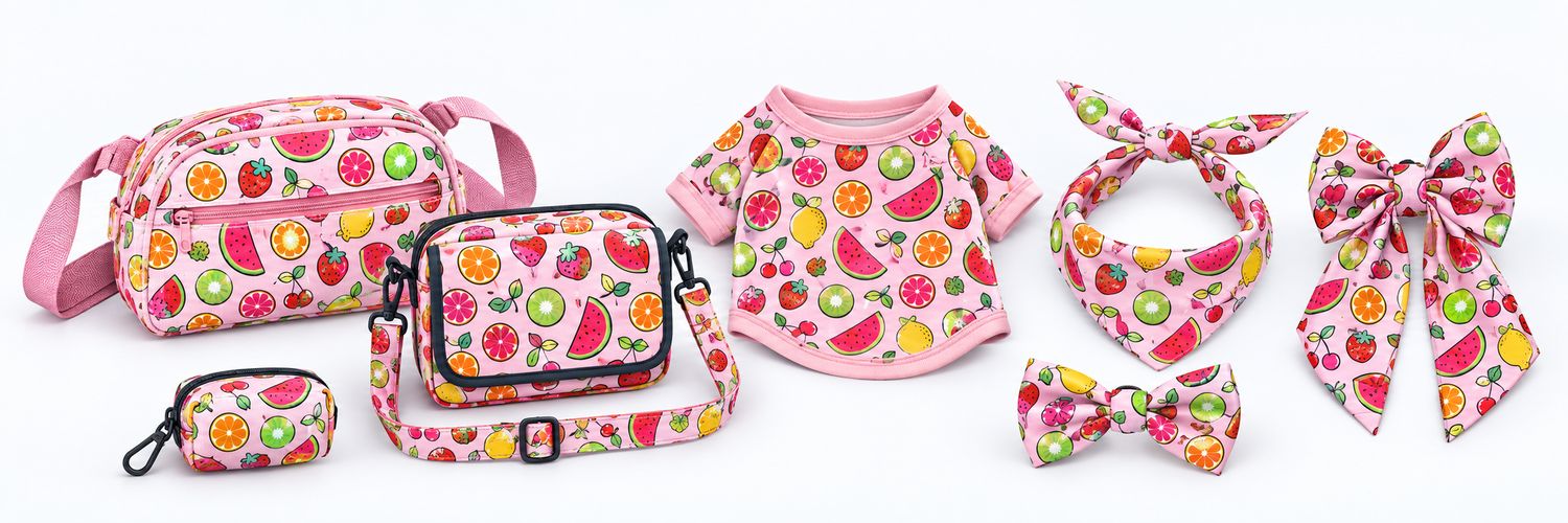 Matching pink fruit-print dog walking accessories with two shoulder bags, a small pouch, a dog shirt, a bandana and two bows.