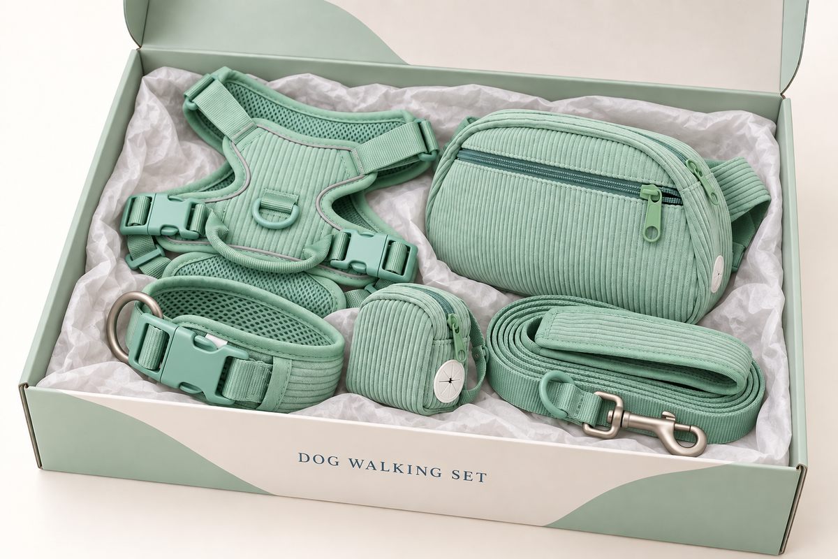 Packaging concept showing a mint green five-piece dog walking set together in an open printed gift box with tissue lining.