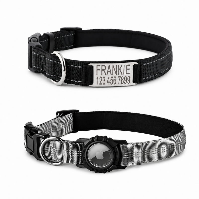 Black dog collar with an engraved nameplate and gray reflective dog collar with an AirTag holder