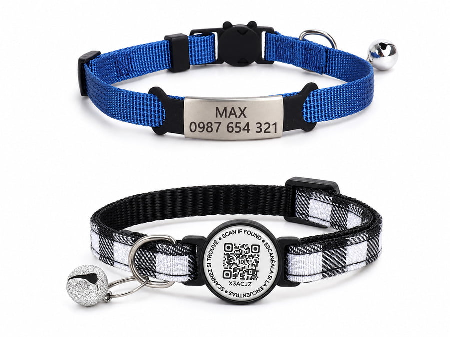 Blue cat collar with an engraved nameplate and black-and-white plaid cat collar with a QR code ID tag