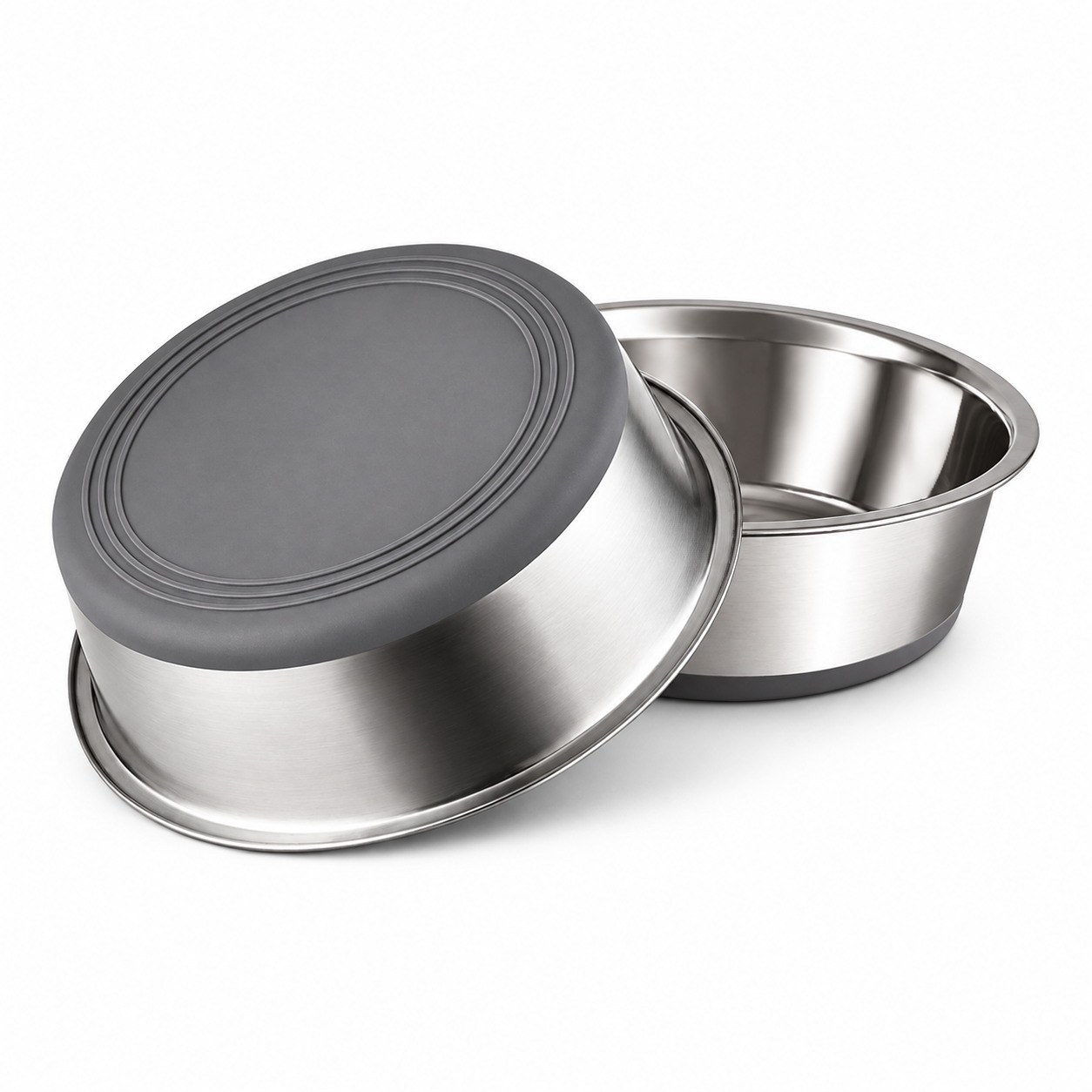 Non-slip stainless steel pet bowls showing the bowl interior and full base