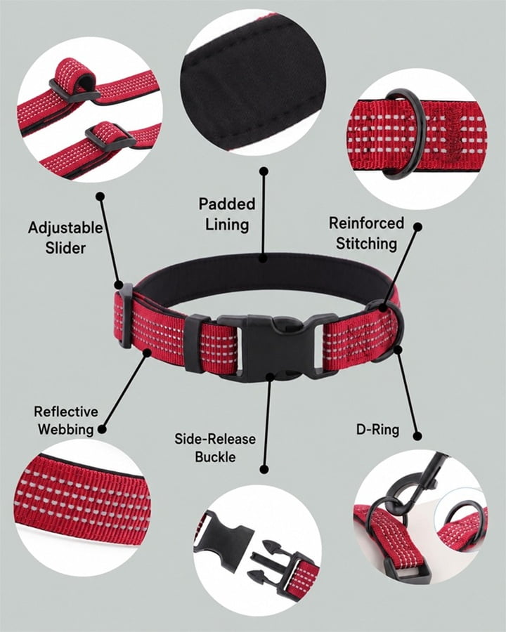 Red reflective pet collar with labeled details showing the adjustable slider, padded lining, reinforced stitching, side-release buckle and D-ring