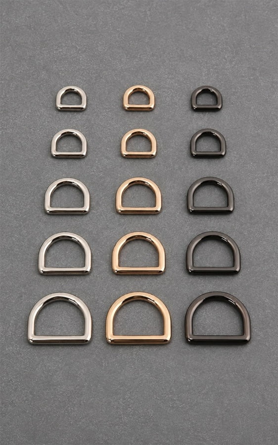 Pet collar D-rings in five sizes with silver, rose gold, and black finishes