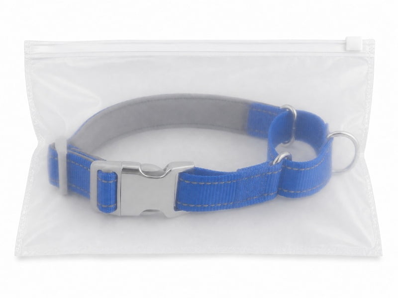 Blue pet collar in a frosted bag with a white slider zipper