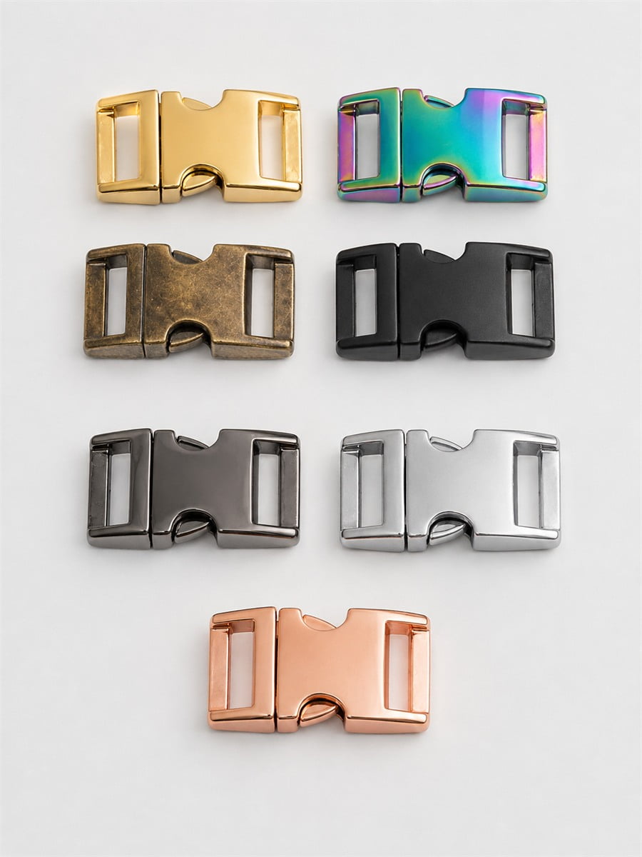Metal side-release buckles for pet collars in seven finishes