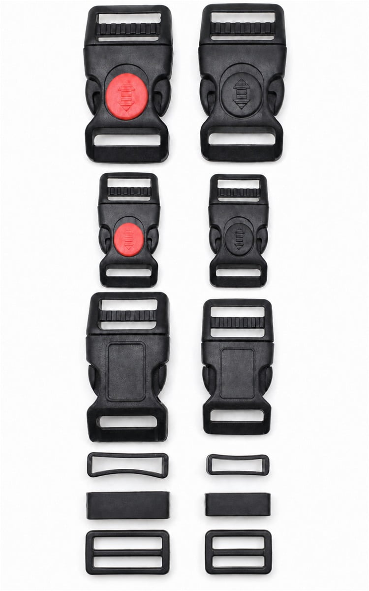 Black plastic pet collar buckles, strap adjusters, and keeper loops
