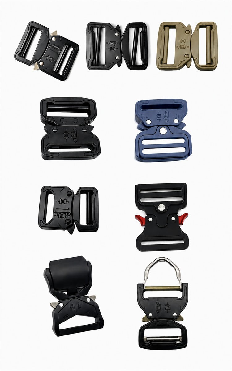 Nine quick-release pet collar buckle designs, including a buckle with an integrated D-ring