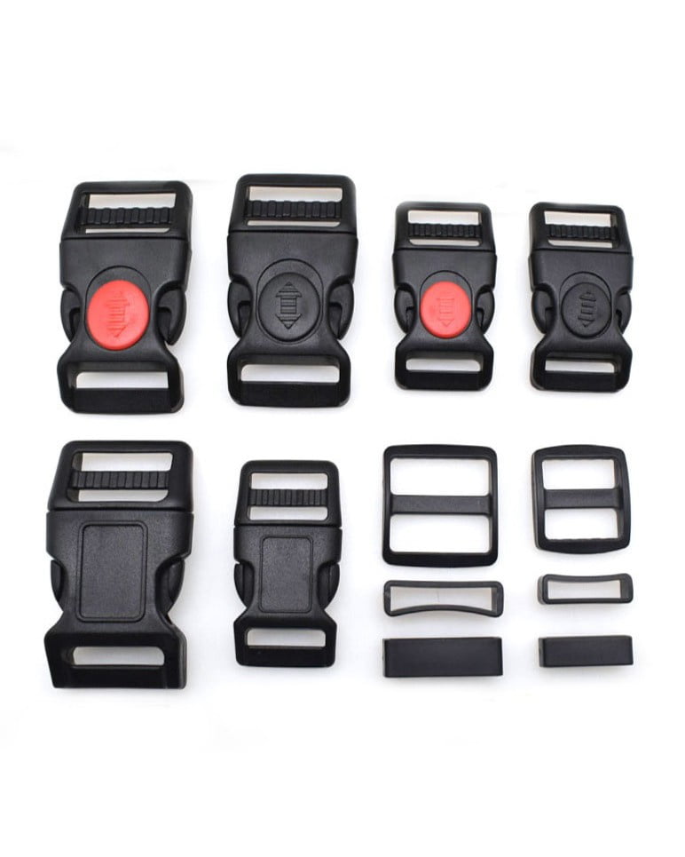 Black plastic buckles, strap adjusters and strap loops in different sizes for pet harnesses.