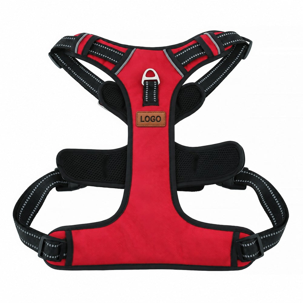 Red and black pet harness with a stitched brown leather label featuring black debossed LOGO lettering.