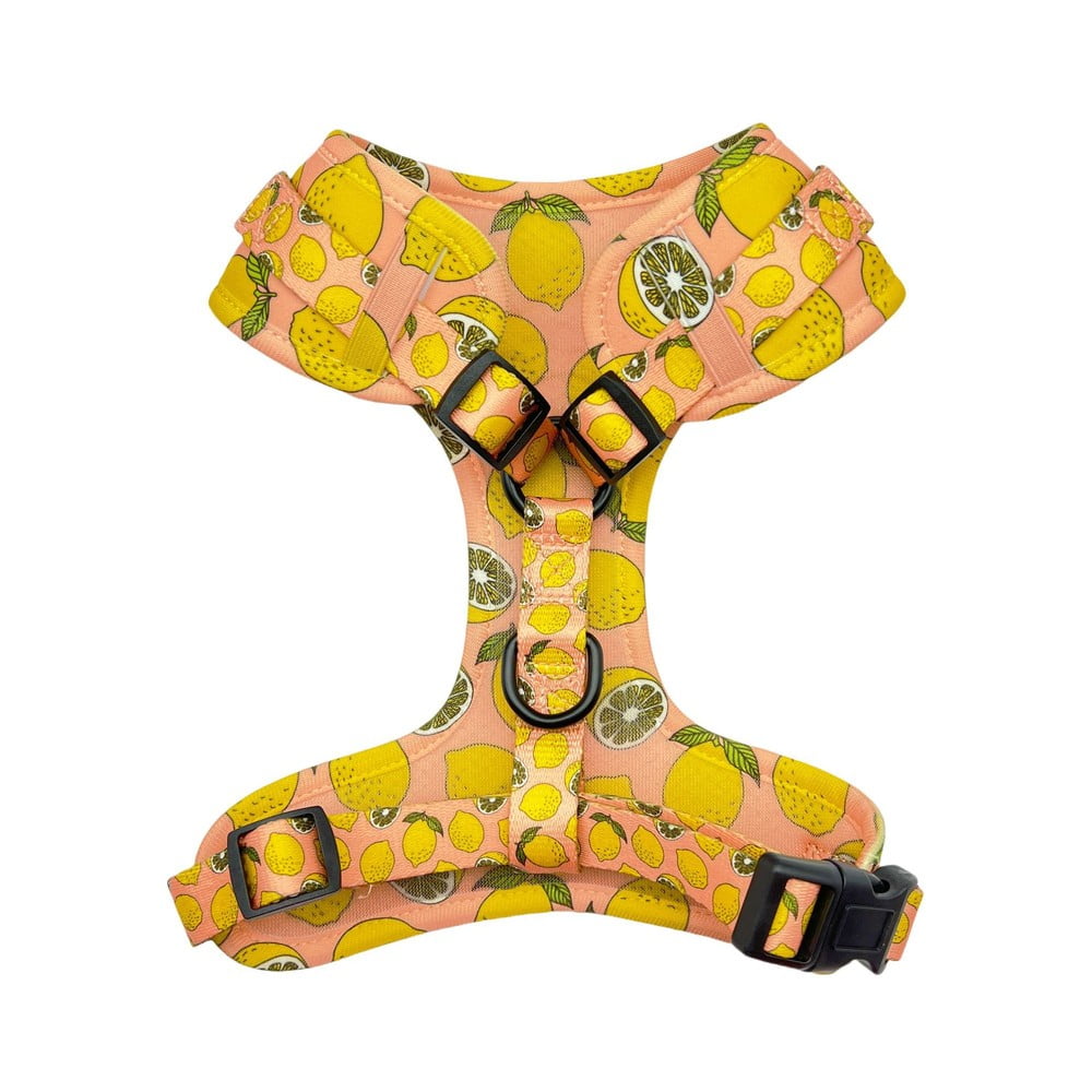 Peach-colored pet harness with yellow lemon and green leaf patterns printed across the fabric panels and straps.