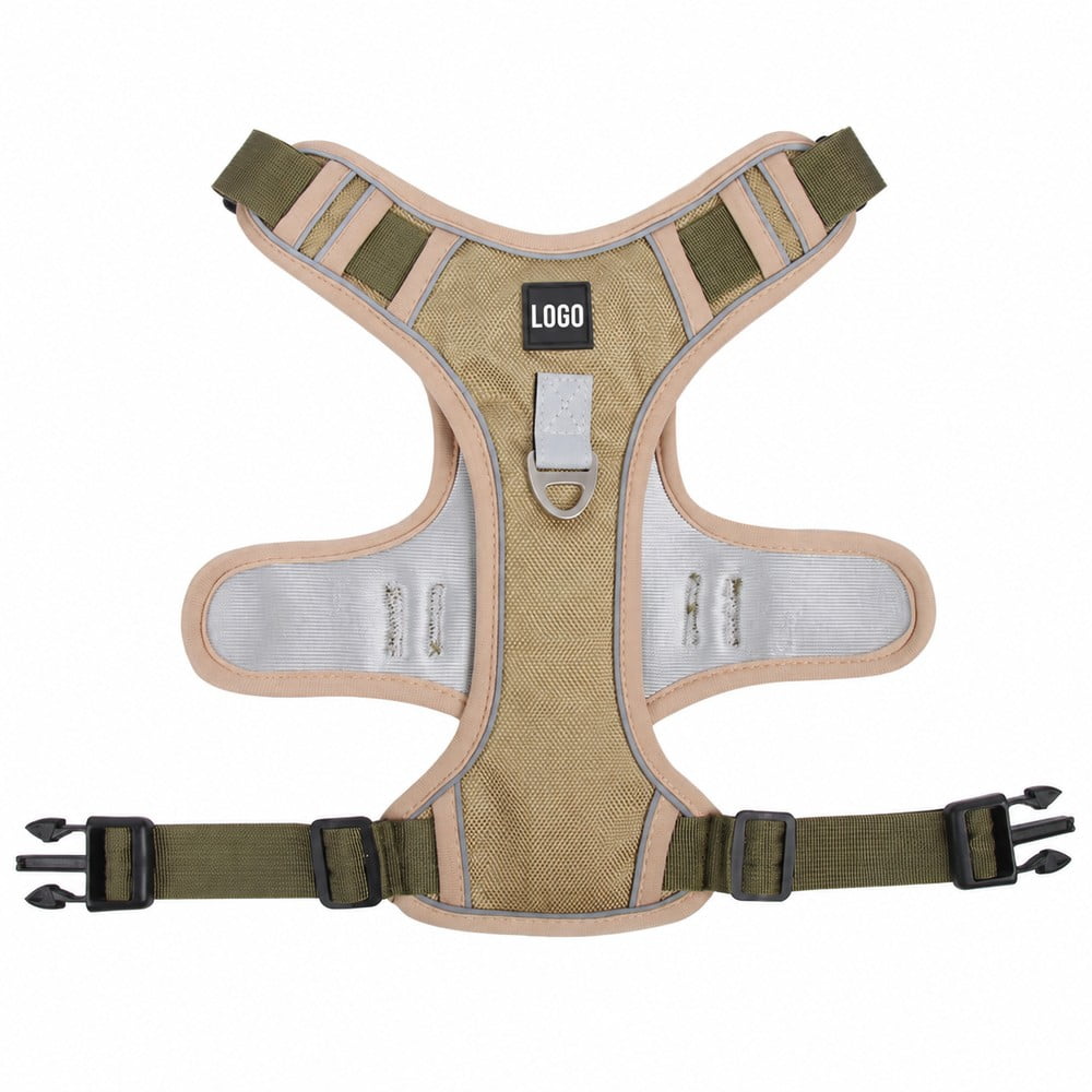 Tan pet harness with a black square rubber label featuring white LOGO lettering.