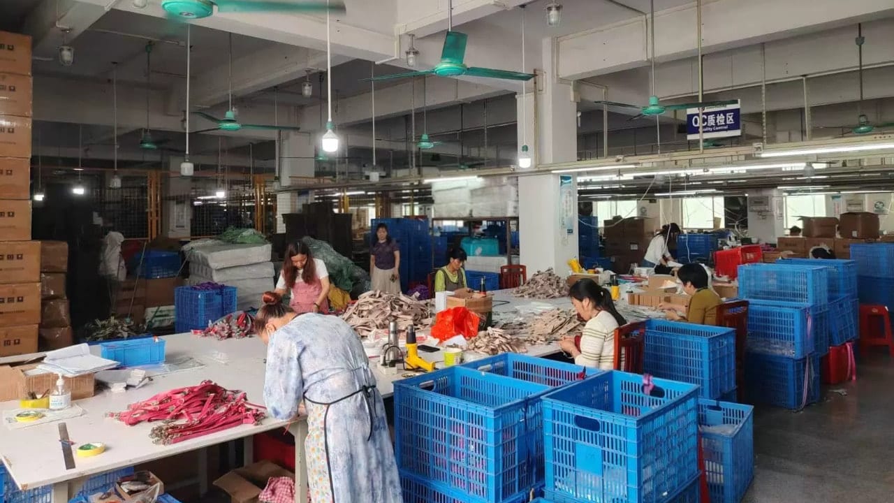 Workers checking pet walking products at tables in the factory's designated quality inspection area