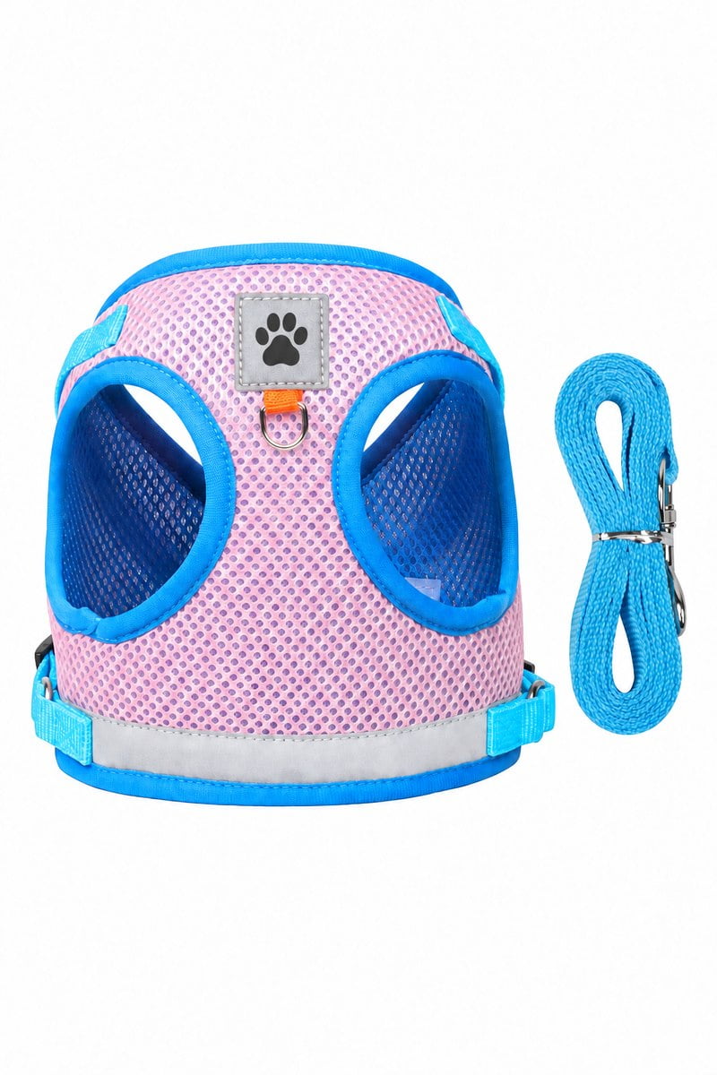 Pink and blue mesh vest pet harness with a black paw-print label and matching blue leash.