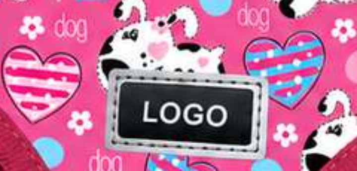 Close-up of logo label placement on a pink dog harness.