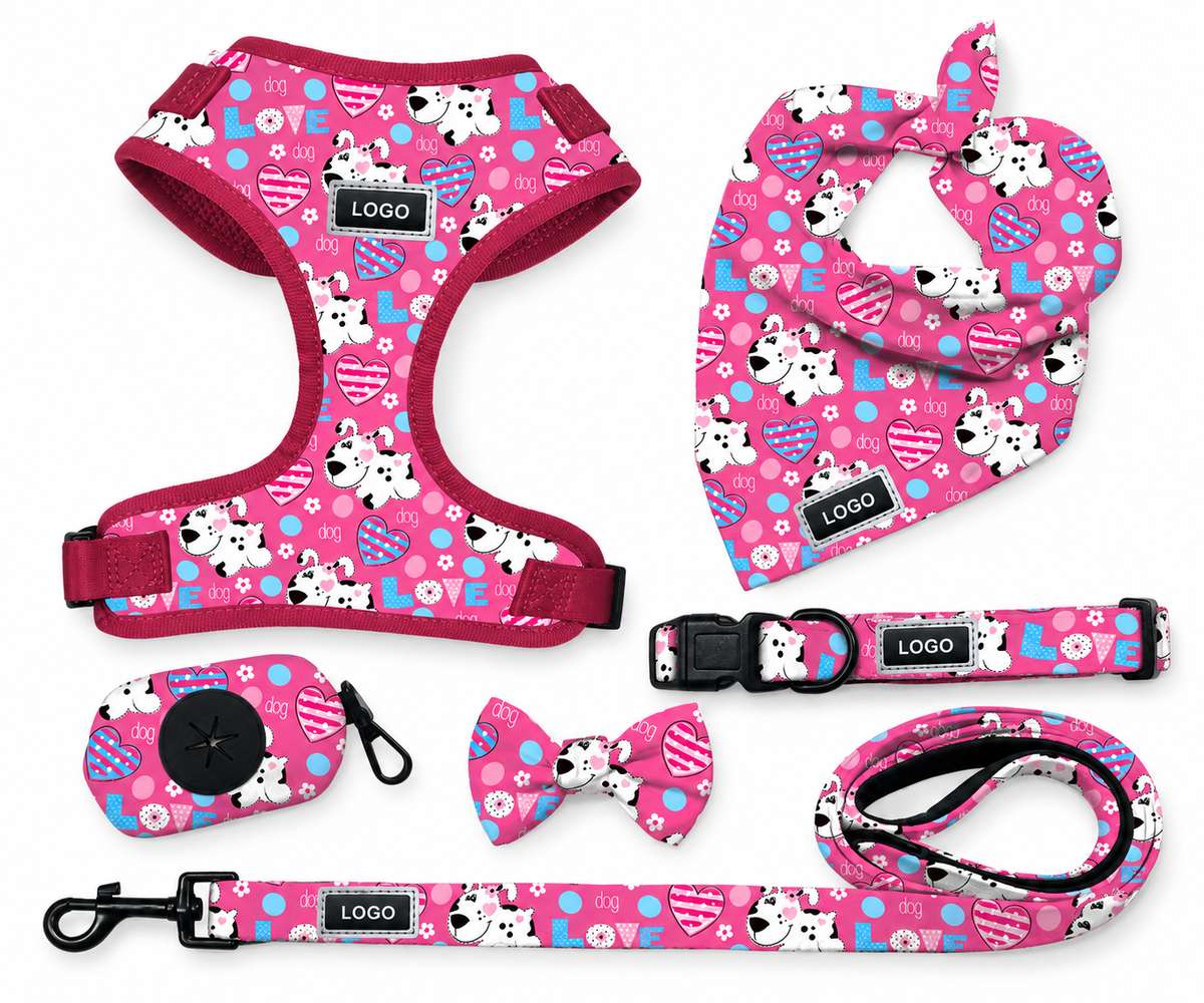 Pink patterned dog walking set with LOGO labels on the harness, bandana, collar and leash, alongside a matching bow tie and poop-bag holder.