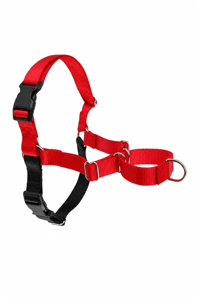 Red and black webbing pet harness with adjustable straps, plastic buckles and metal attachment rings.