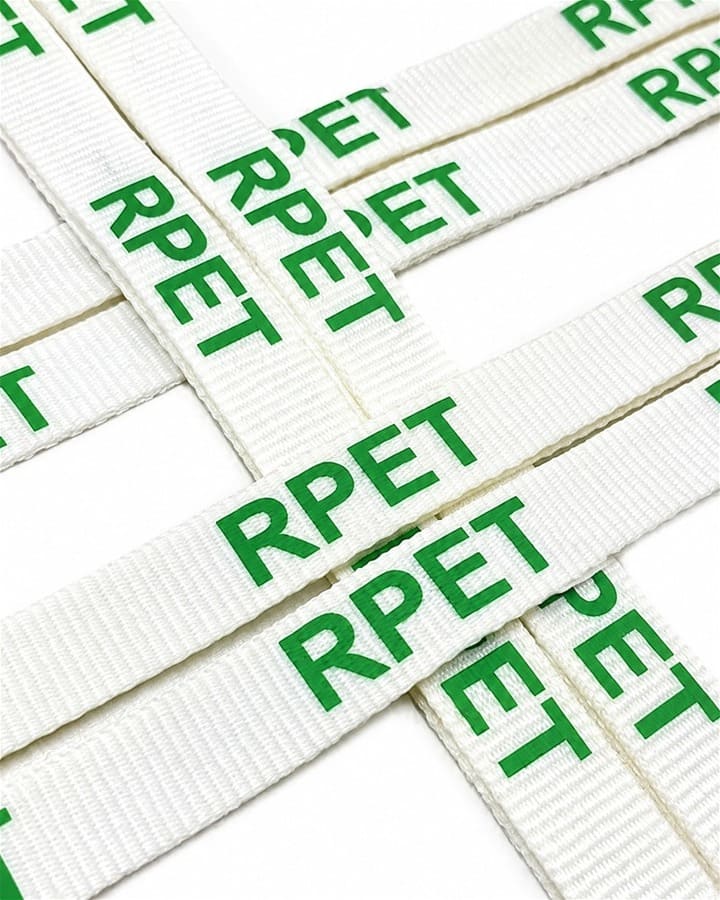 White RPET webbing with green RPET lettering for pet collars