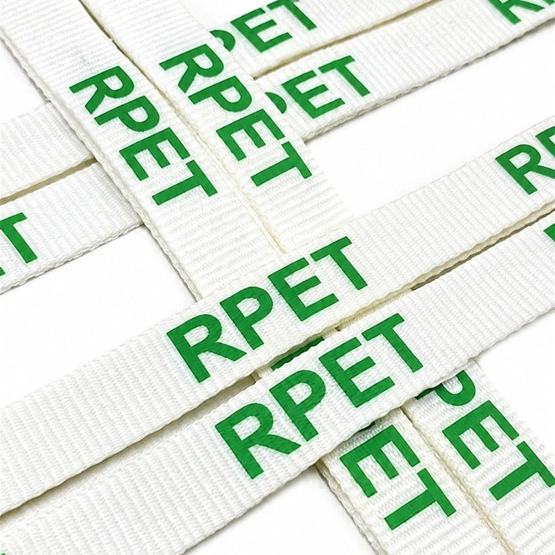 White webbing strips printed with green RPET lettering.