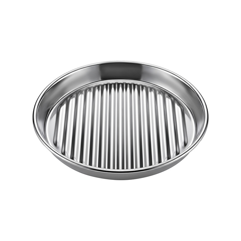 Shallow stainless steel cat bowl with a ridged feeding surface