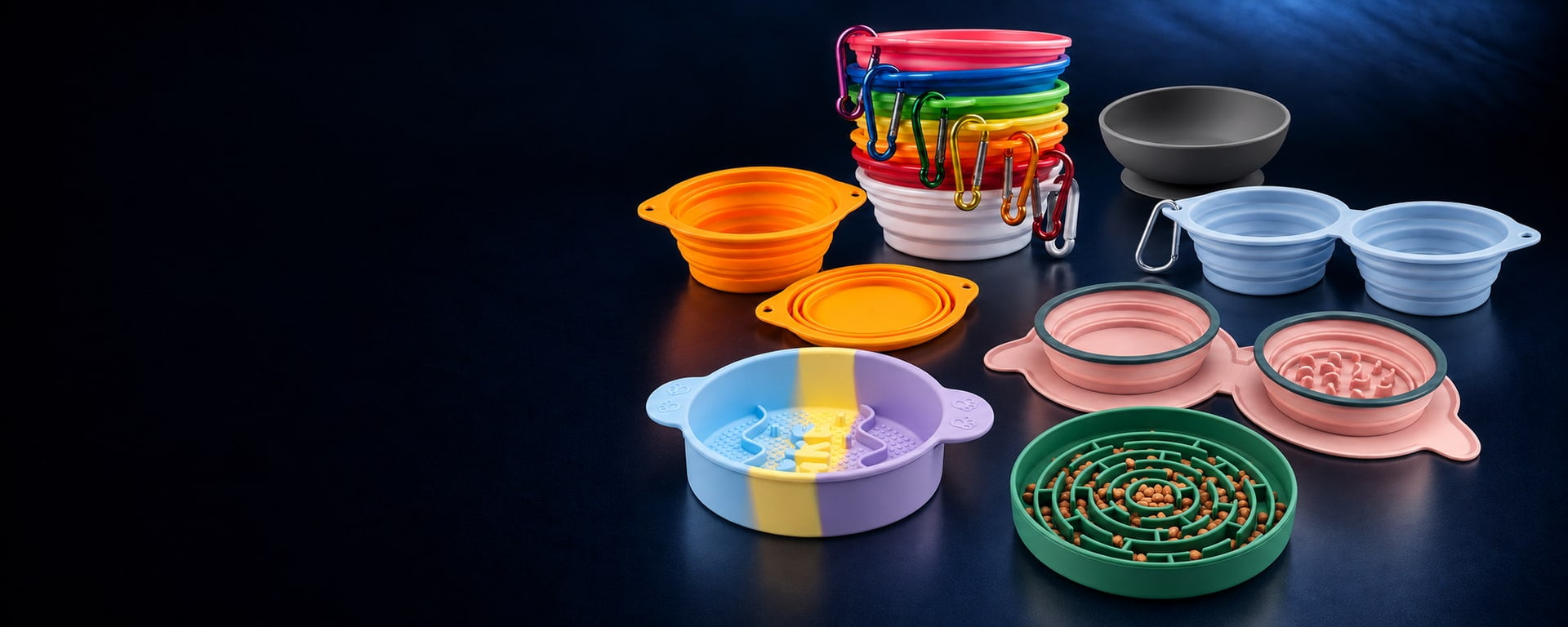 Silicone pet bowls including collapsible single bowls, connected double bowls and slow feeders