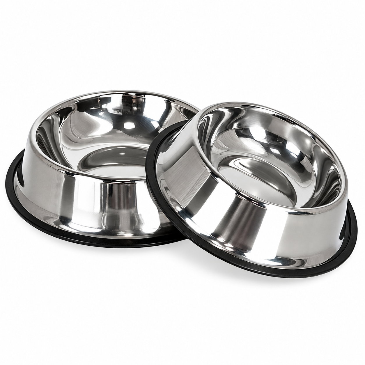 Two single-wall stainless steel pet bowls with black bases