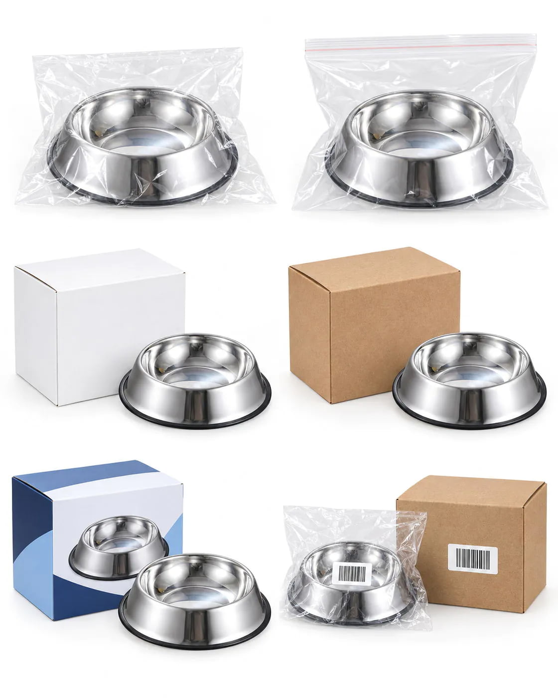 Stainless steel dog bowls with clear bags, white boxes, kraft boxes, printed boxes and barcode labels