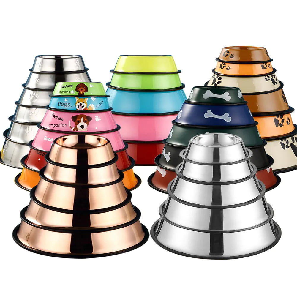 Assorted stainless steel pet bowls stacked in different sizes, colors and printed designs